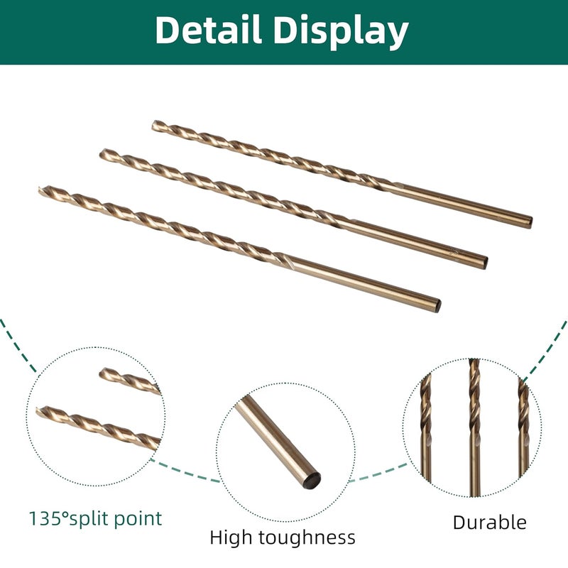 Riyhch 5/16 Inch x 12 Inch Cobalt Aircraft Extension Drill Bit Set (3PCS) M35 High Speed Steel Extra Long Drill Bits for Deep Hole Drilling for Stainless Steel, Hard Metal, Cast Iron, Wood & Plastic - Image 4